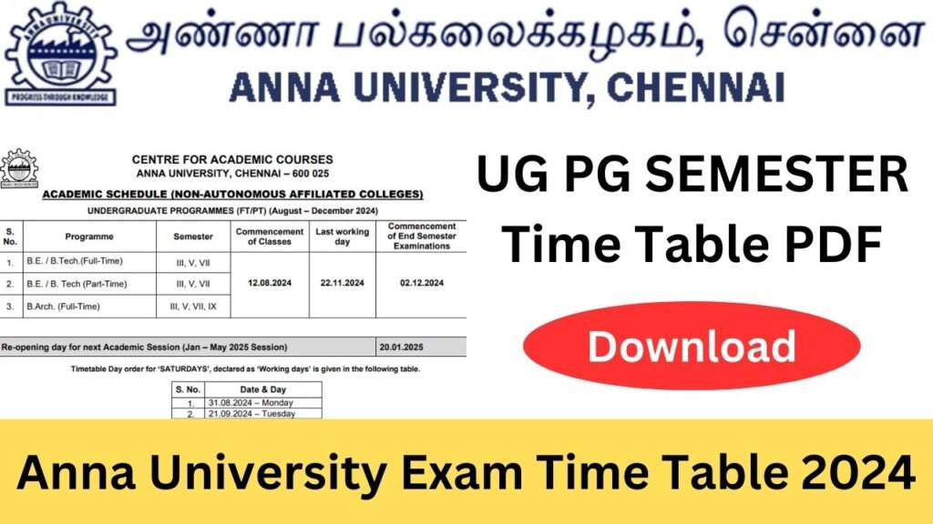 Anna University Exam Time Table 2024 (UG PG SEM PDF) 