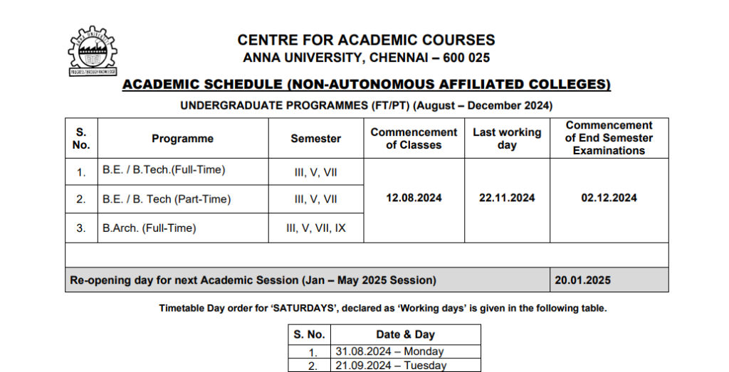 Anna University semester time table 2024